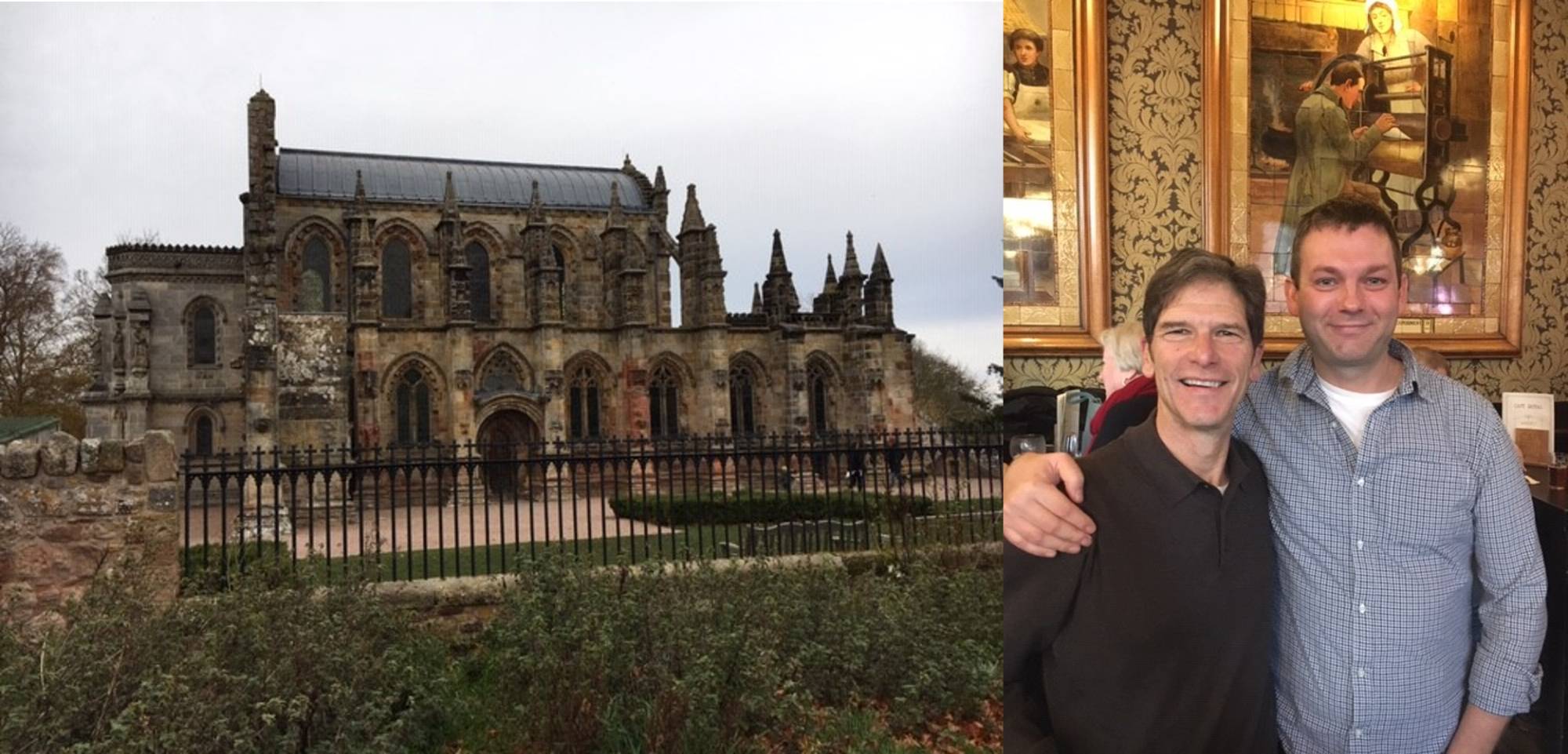 Rosslyn Chapel, built in 1464, famous for its role in the Da Vinci Code.  Al with Bryan Spears at a local pub.